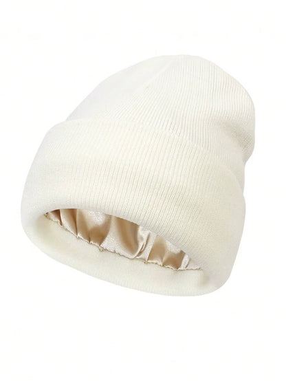 Satin Lined anti Static Beanie for Women Winter No Static 2 Layer Knitted Hat Silk Satin Bonnet Hair Cover Sleep Cap Skiskullies